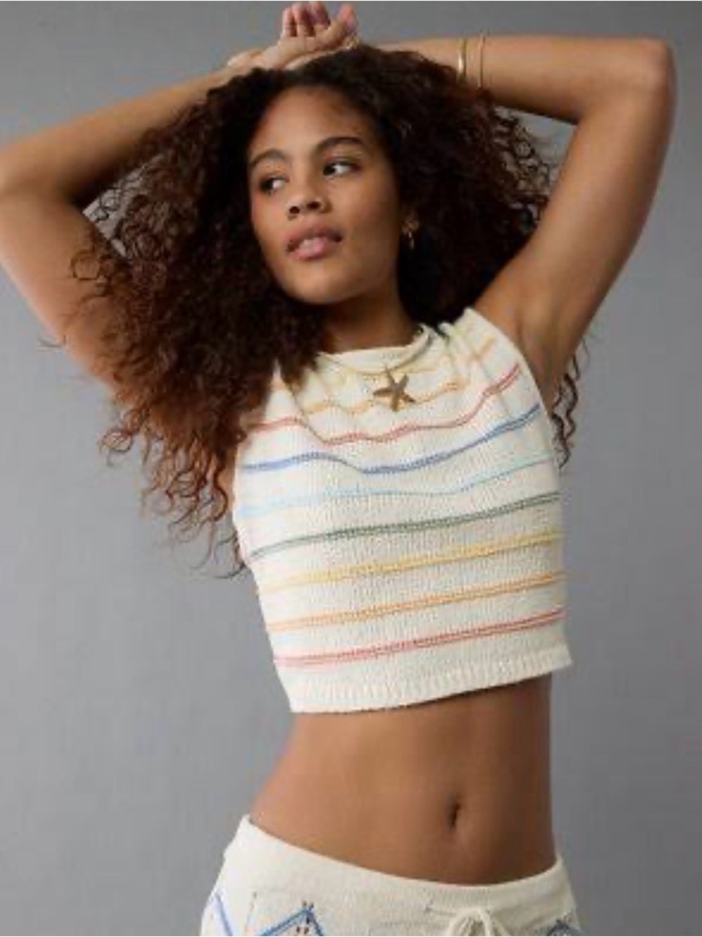 Amercian Eagle Women’s Sleeveless Knit Crop Top with Pastel Stripes Tie Back